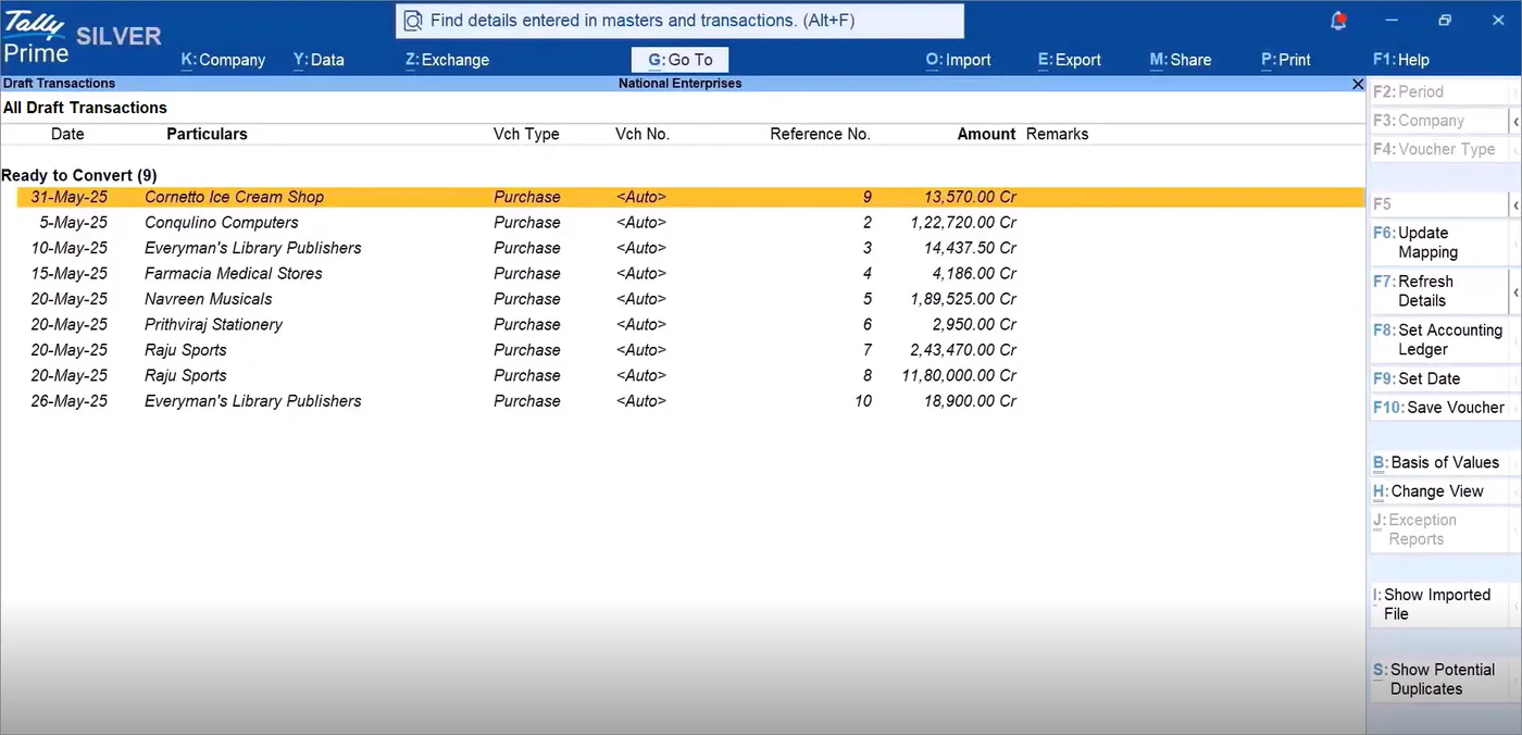 Draft Transactions listing purchase vouchers read by Docs by Ira, marked Ready to Convert