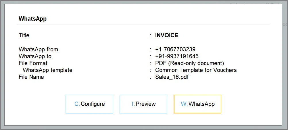 The WhatsApp share screen for an invoice: recipient numbers, PDF format and message template