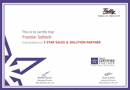 Frontier Softech 5 Star Sales and Solutions certificate of Tally Solutions